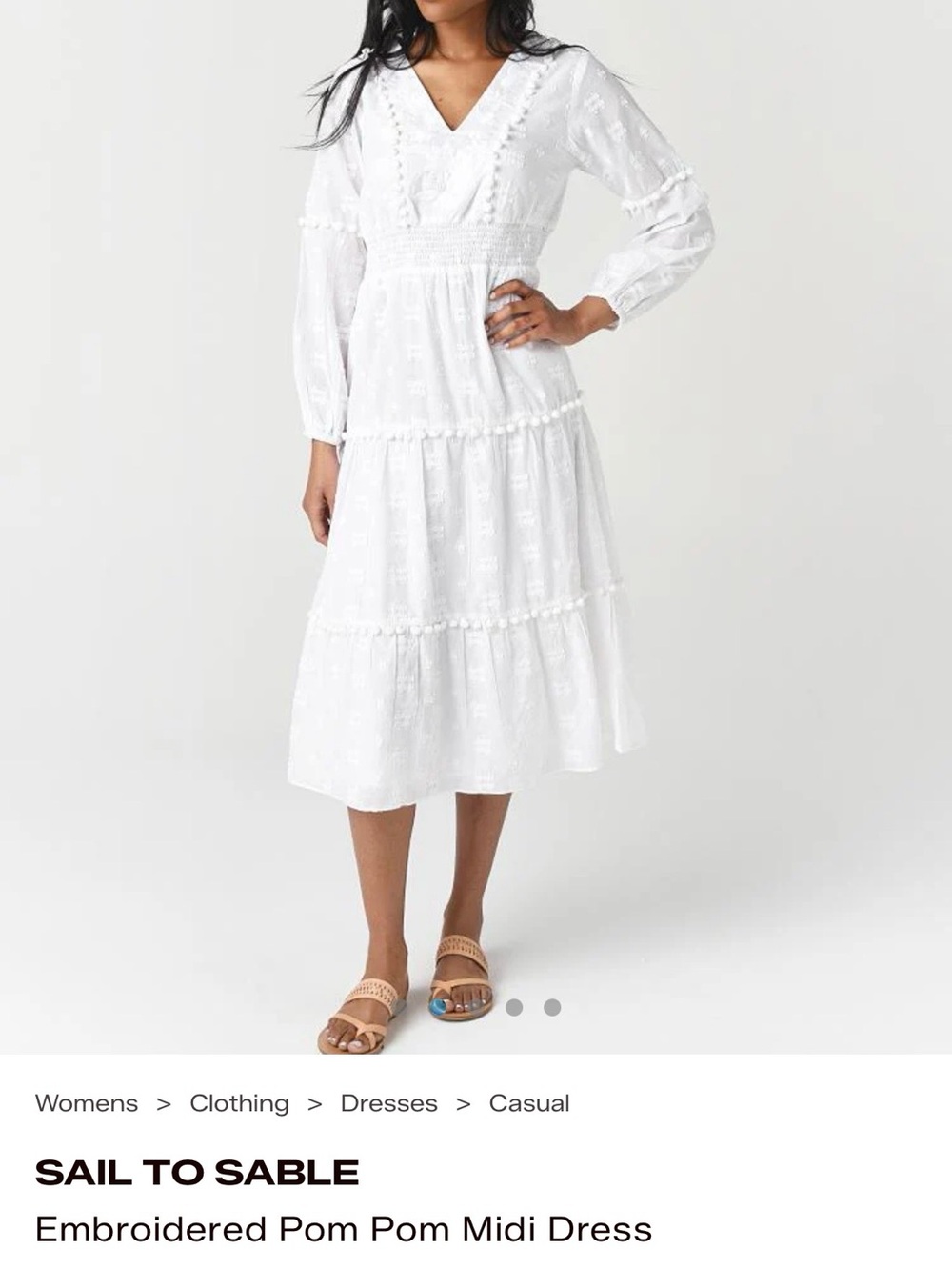 Sail to Sable White Embroidered Pom-Pom Tiered Midi Dress